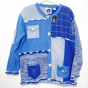 Storybook Knits Blue Denim Laundry Inspired Cardigan Sweater Colorblock Large